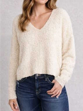Free People Womens XS Popcorn Pullover Cream Sweater